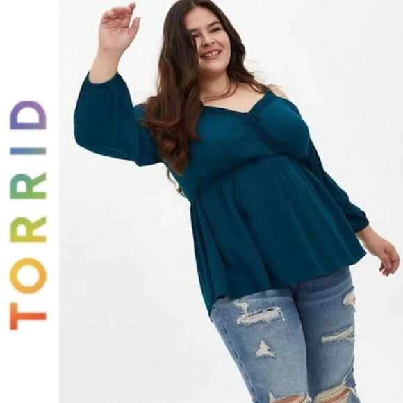 Torrid Teal Gauze Lace Trim Long Sleeve Cold Shoulder Peplum Blouse 2X NWT - Picture 7 of 15